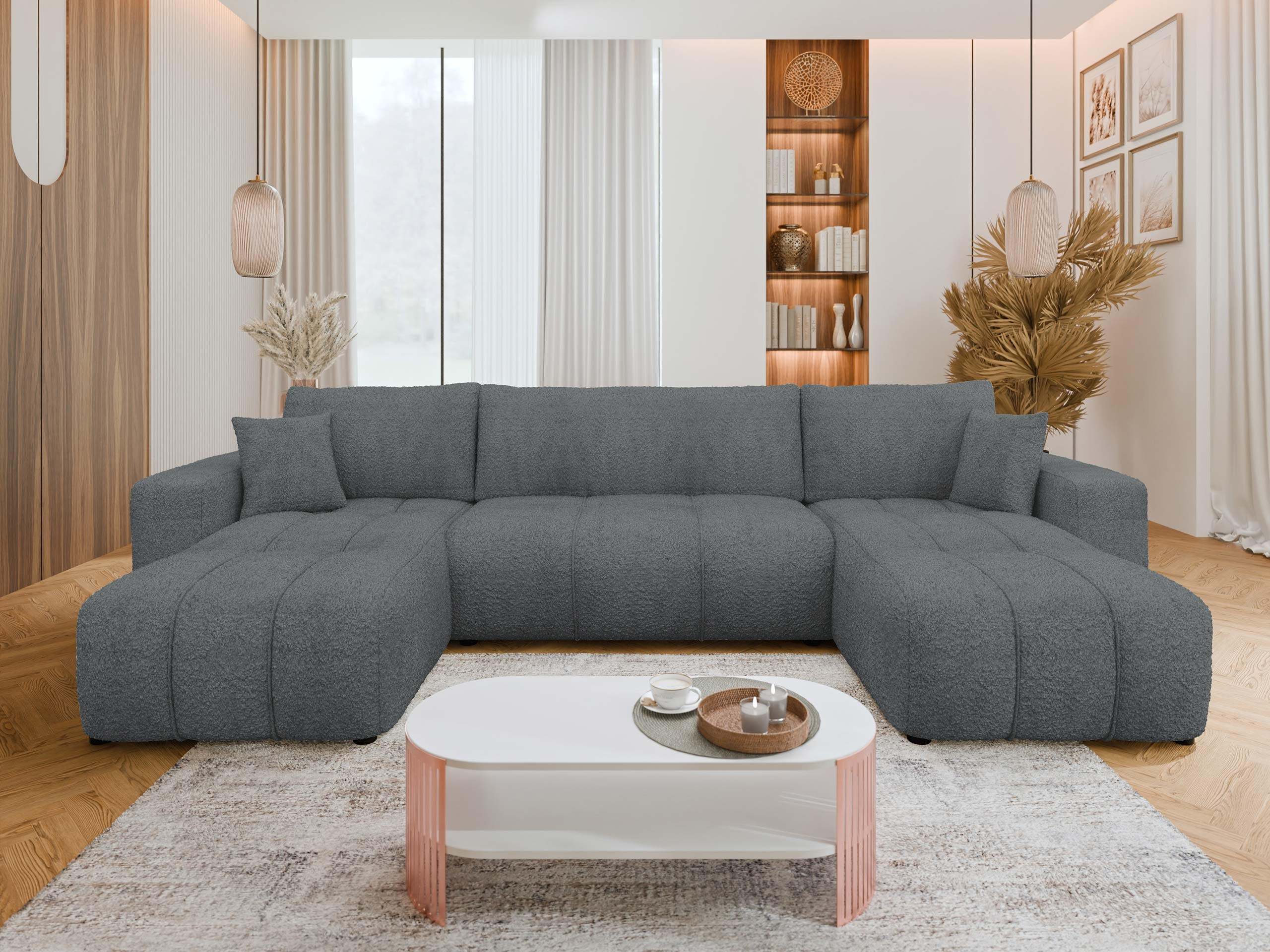 WOHNLADNSCHAFT Furyn U Boucle - Dunkelgrau/Schwarz, Holzwerkstoff/Kunststoff (312/82/145cm) - MIRJAN24