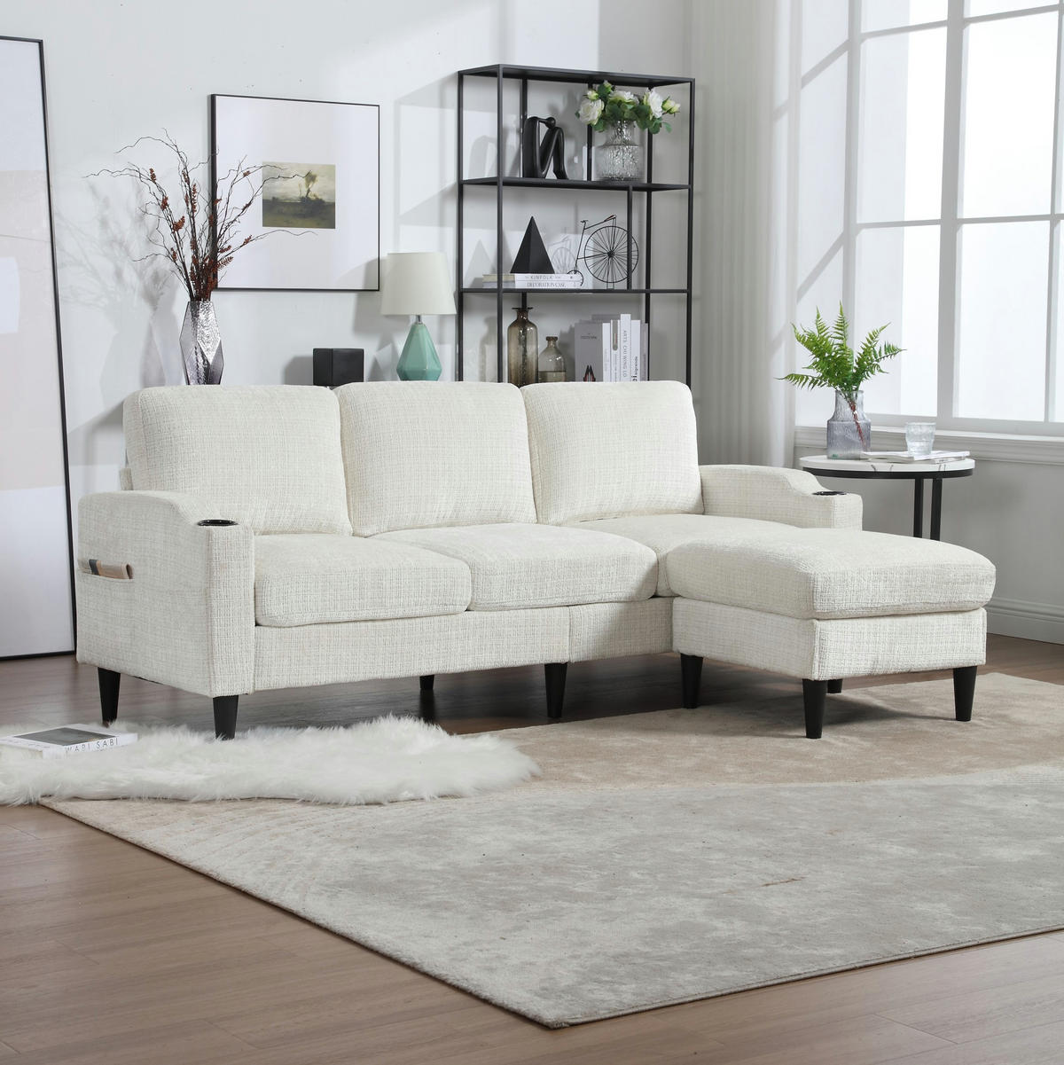 SOFA 4-Sitzer mit Hocker und Stauraum 196,5 x 75 x 77 cm Beige - Beige, Kunststoff (196.5/77/75cm) - Meubliv