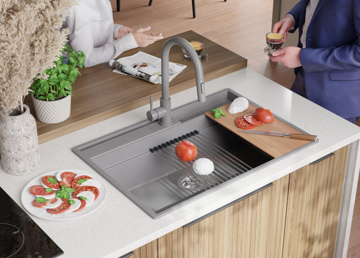 SPÜLBECKEN Oslo Pocket, 2-er set Grau 78/53 cm 1 Becken + Ablauf-Set + Küchenzubehörset ab 80er Unterschrank - Chromfarben/Beige, Kunststoff (78/20/53cm) - Primagran