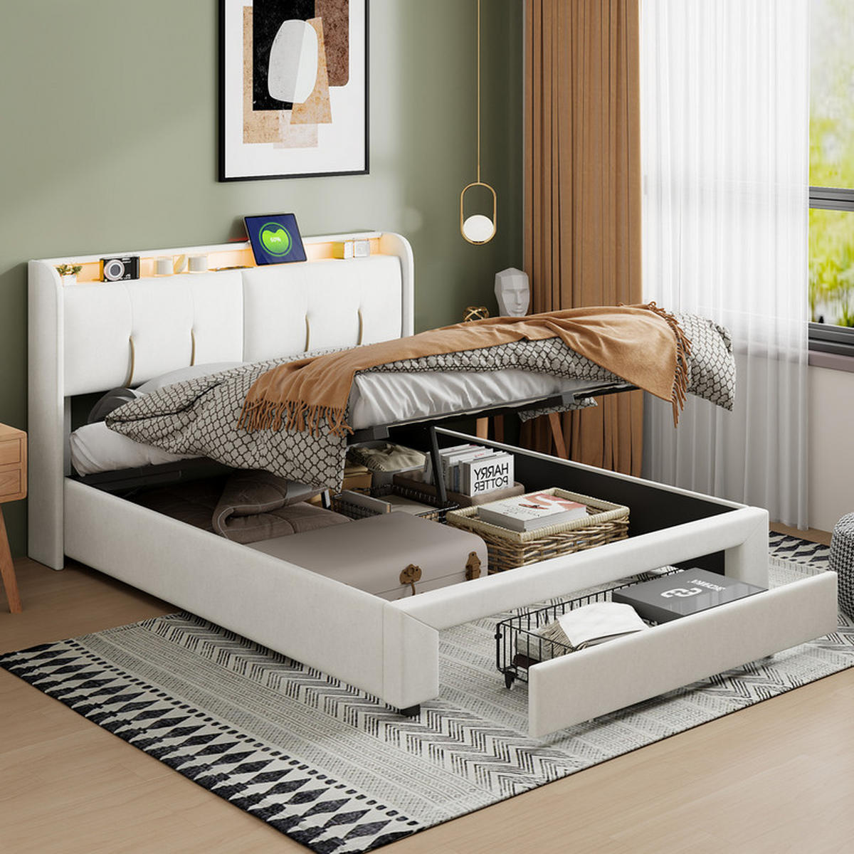 POLSTERBETT 160x200cm, Beige, Samt, mit LED-Lichtleiste und USB-Ladeanschluss, Schubladen, ohne Matratze - Beige, Holz (160/200cm) - WoodenAura