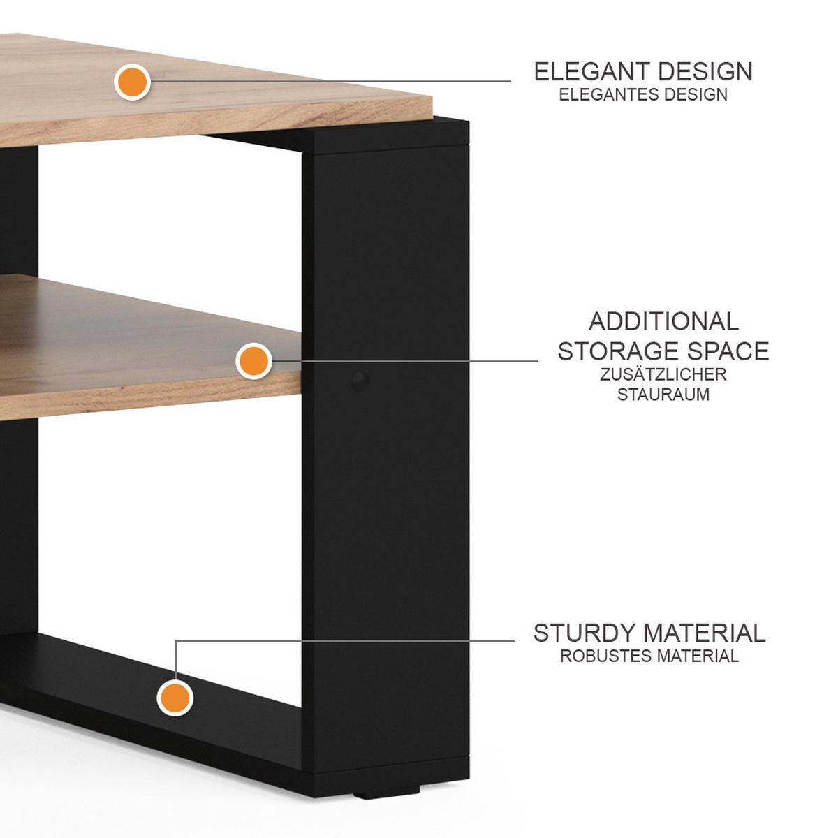 COUCHTISCH Helm Goldkraft Eiche 65.6 x 55,8 cm mit Ablage - Honigeiche/Schwarz, Holzwerkstoff (55.8/65.6/46.2cm) - Vicco