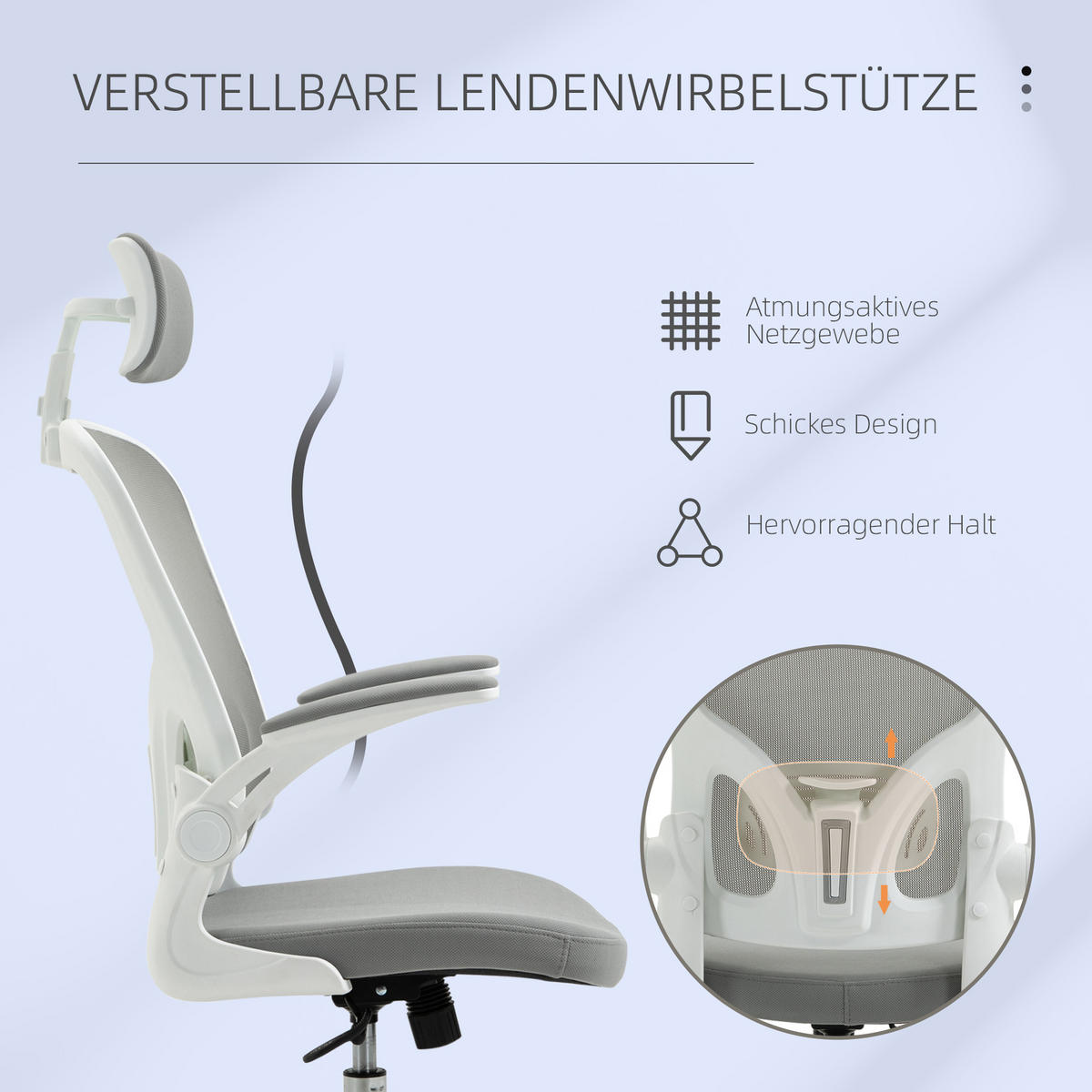BÜROSTUHL ergonomischer Shreibtischstuhl mit Wippfunktion Kopfstütze Grau - Grau, Textil (64/122/65cm) - Vinsetto