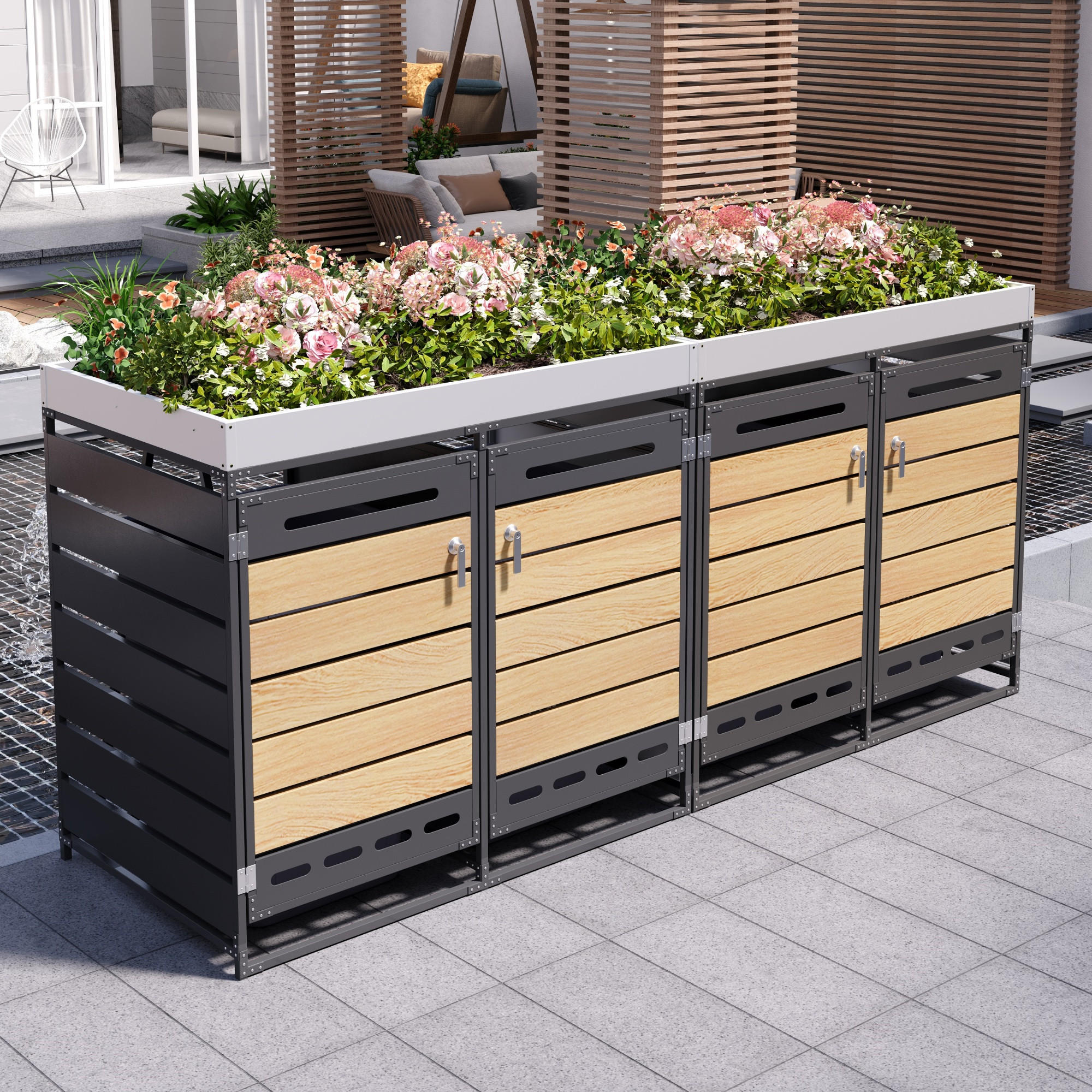 MÜLLTONNENBOX Pflanzkasten Holzoptik horizontal Schloss - Schwarz, Metall (262/120/79cm) - LEBENLANG