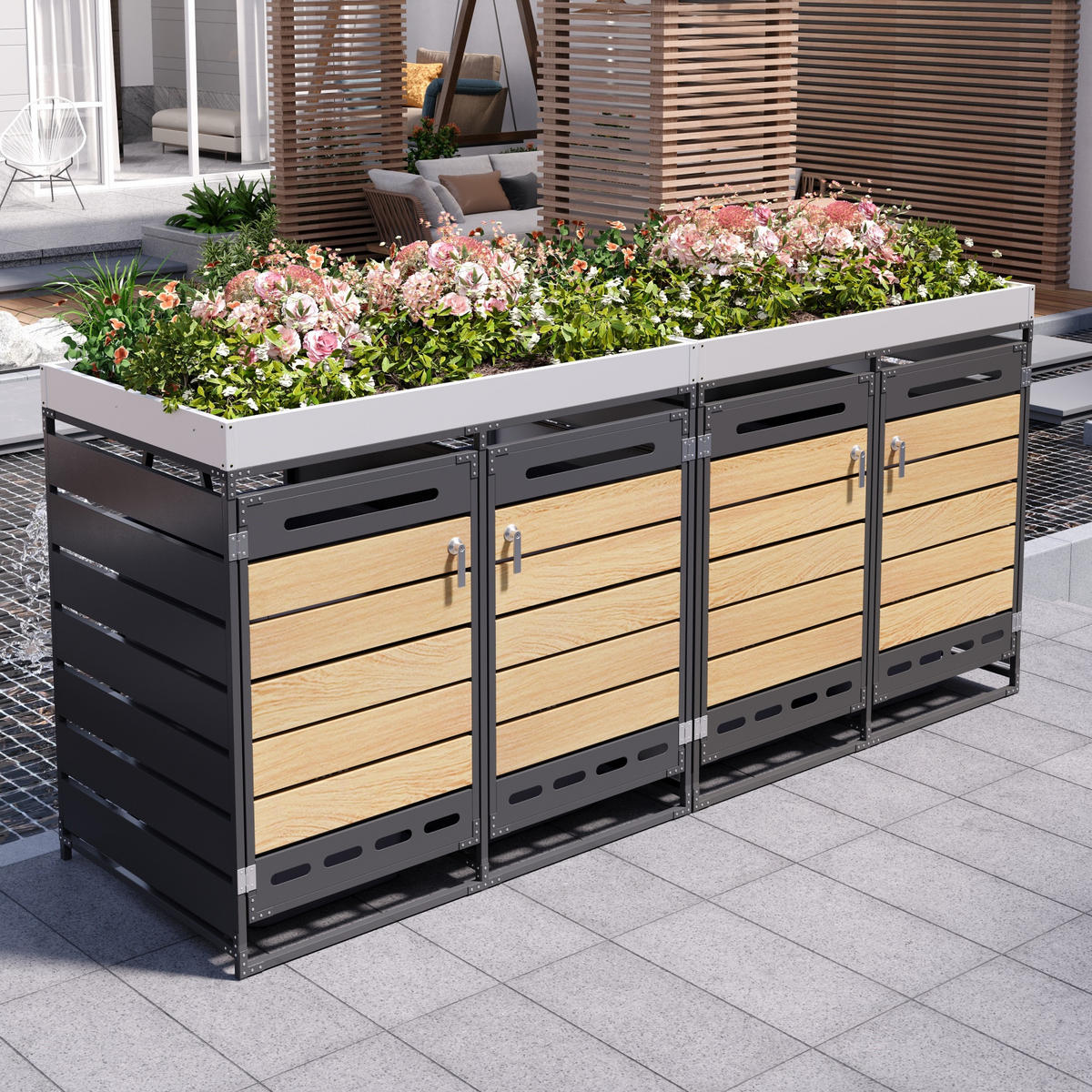 MÜLLTONNENBOX Pflanzkasten Holzoptik horizontal Schloss - Schwarz, Metall (262/120/79cm) - LEBENLANG