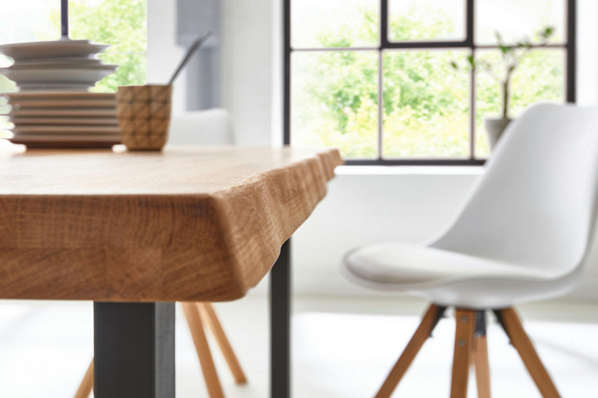 ESSTISCH Baumkante massiv Wildeiche schwarz SESSA 80 cm - Beige/Schwarz, Holz/Metall (80/80/77cm) - SAM