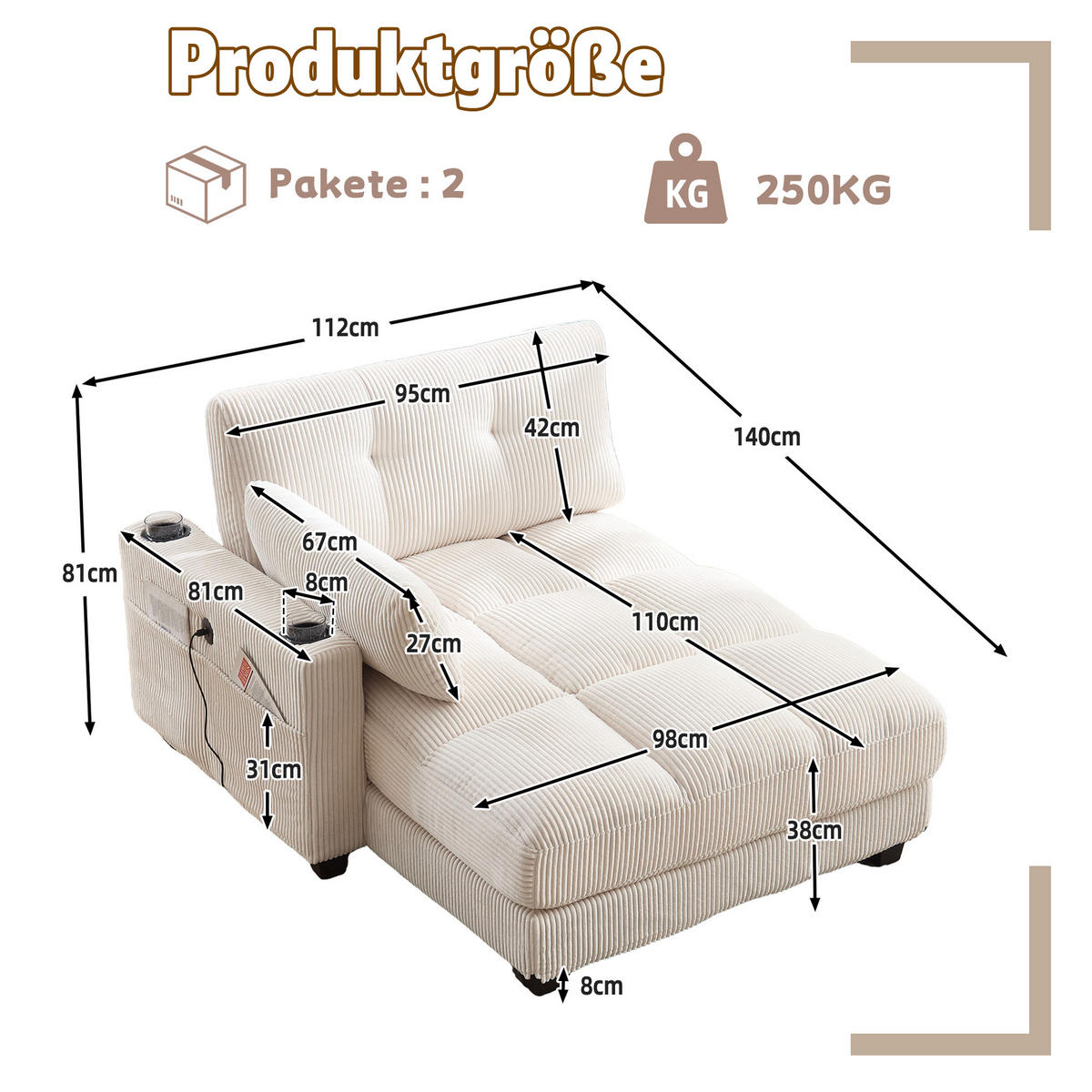 RÉCAMIERE Cord Beige mit USB, Getränkehaltern und Seitentasche - Beige, Holzwerkstoff/Kunststoff (140/81/121cm) - WISHDOR