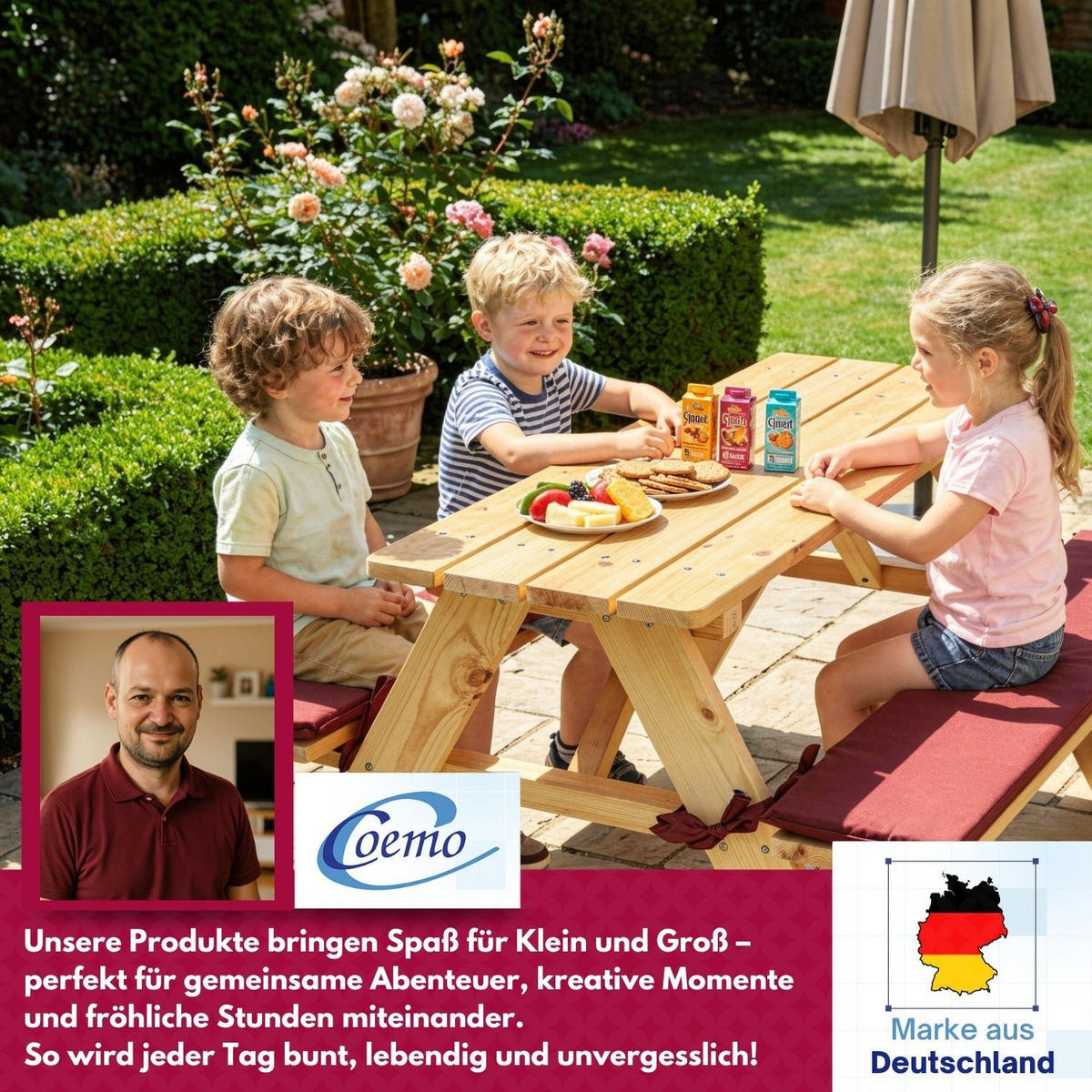 KINDERSITZGRUPPE GARTEN Holz mit Sitzauflagen Farbe Natur 89/79/50 cm - Naturfarben, Holz (79/50/89cm) - Coemo