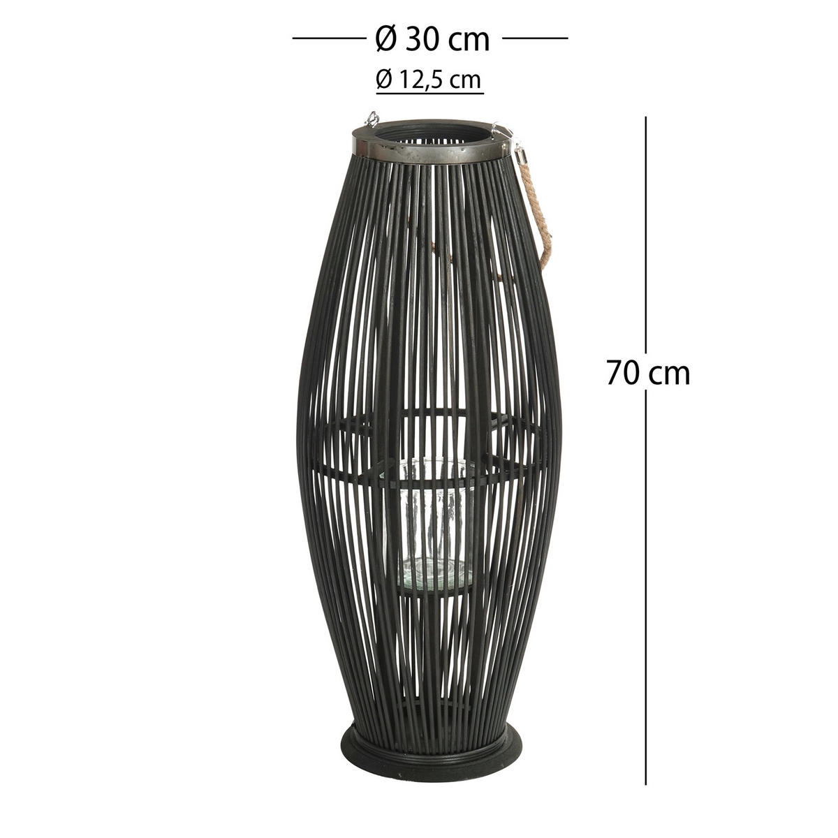 LATERNE Zya 70 Bambus, mit Henkel und Glaseinsatz schwarz - Schwarz, Holz (30/70/30cm) - CREEDWOOD