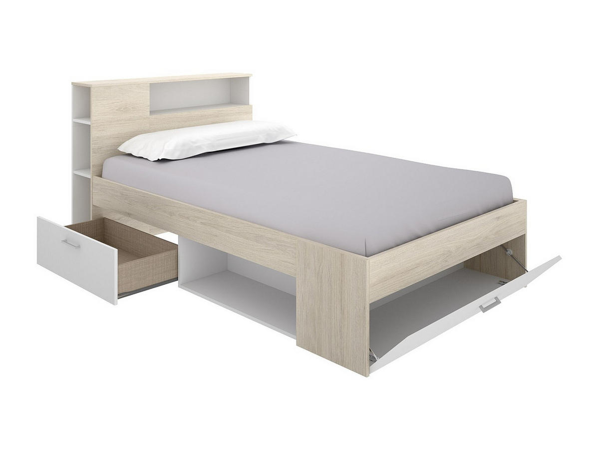 BETT mit Kopfteil, Stauraum & Schubladen - 120 x 190 cm - Holzfarben & Weiß - LEANDRE - Naturfarben, Holz (129.5/218.5cm) - Vente-Unique