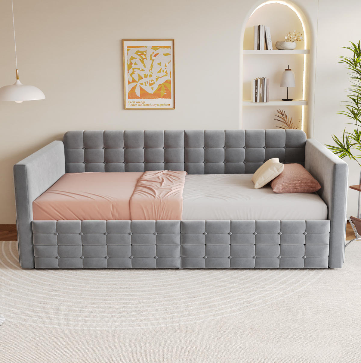 ČALÚNENÁ posteľ 90/190 cm zo zamatu sivá, s 2 zásuvkami a bočnými vreckami - sivá, textil (90/190cm) - BEAOK