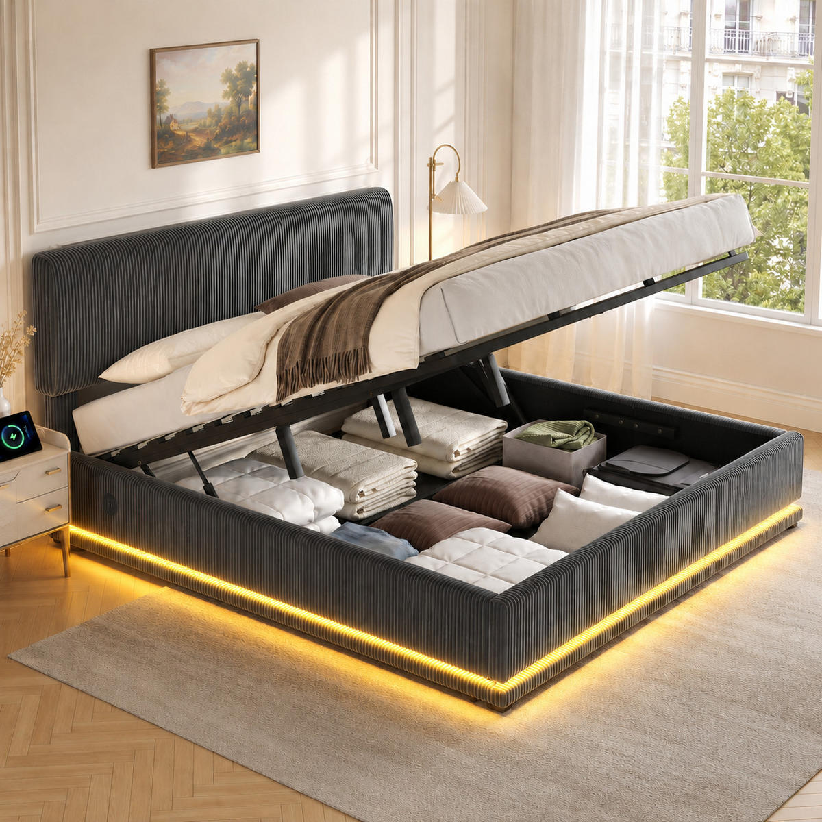 POLSTERBETT 180x200cm Dunkelgrau Corduroy mit höhenverstellbarem Kopfteil, regulierbarer LED-Beleuchtung, USB-C und großem Unterbettstauraum - Dunkelgrau, Textil (180/200cm) - Luhomfu
