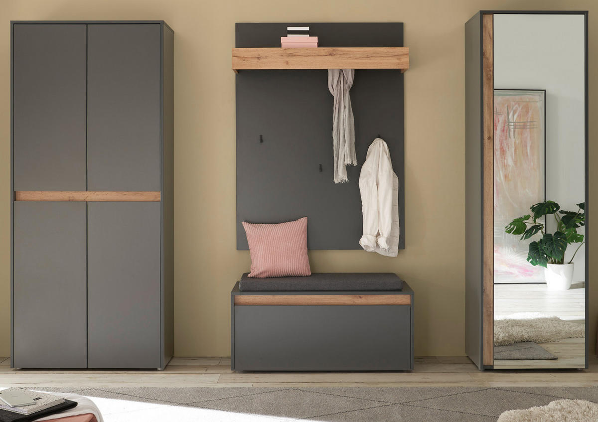 GARDEROBEN-SET grau matt, Eiche Wotan 5-teilig 265 cm, Schuhschränke mit viel Stauraum - Eiche Wotan/Schwarz, Glas/Holzwerkstoff (265/200/40cm) - Furn.Design
