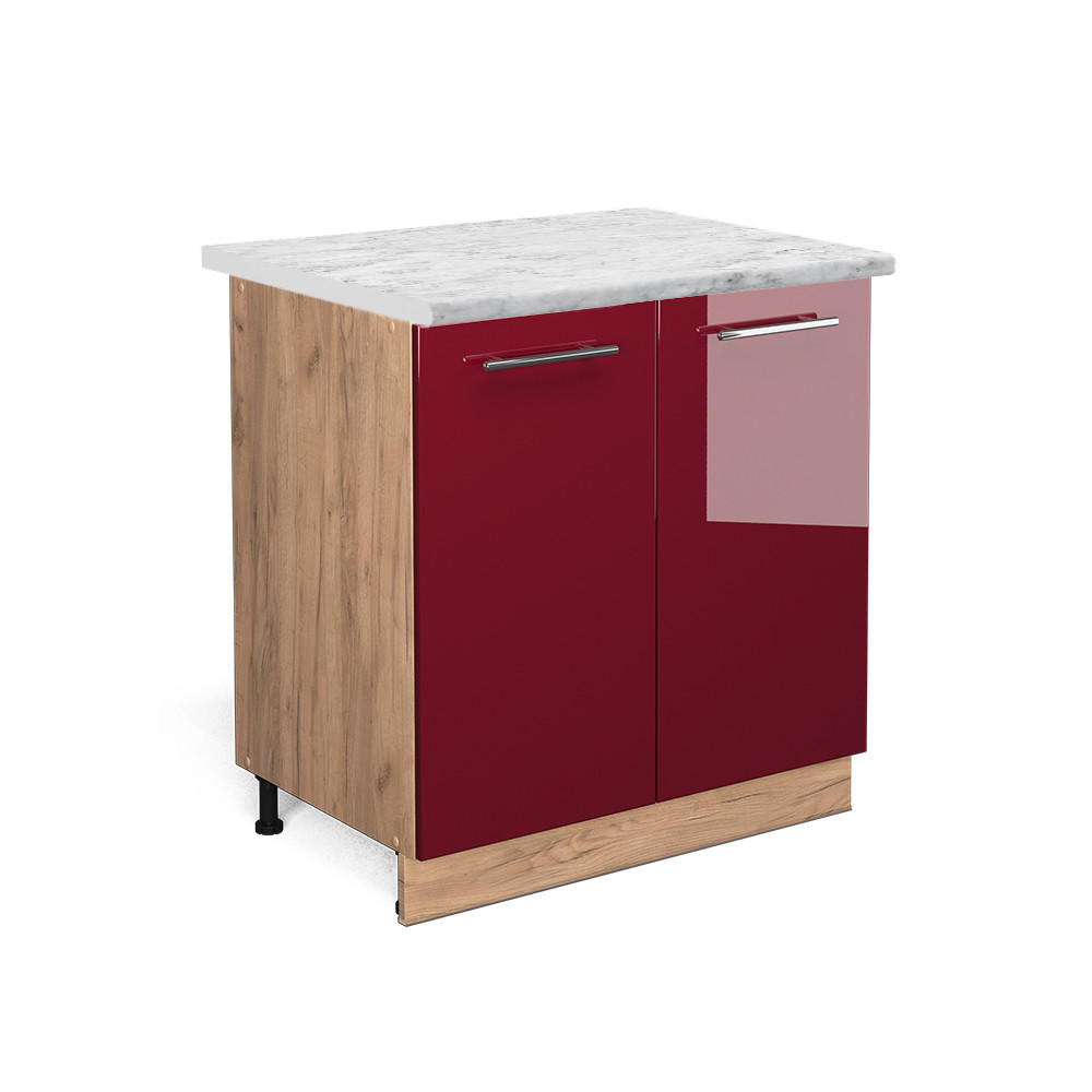 SPÜLENUNTERSCHRANK Fame-Line Bordeaux Hochglanz 80 cm mit Regal AP Marmor - Bordeaux/Eiche Wotan, Holzwerkstoff (80/82/60cm) - Vicco