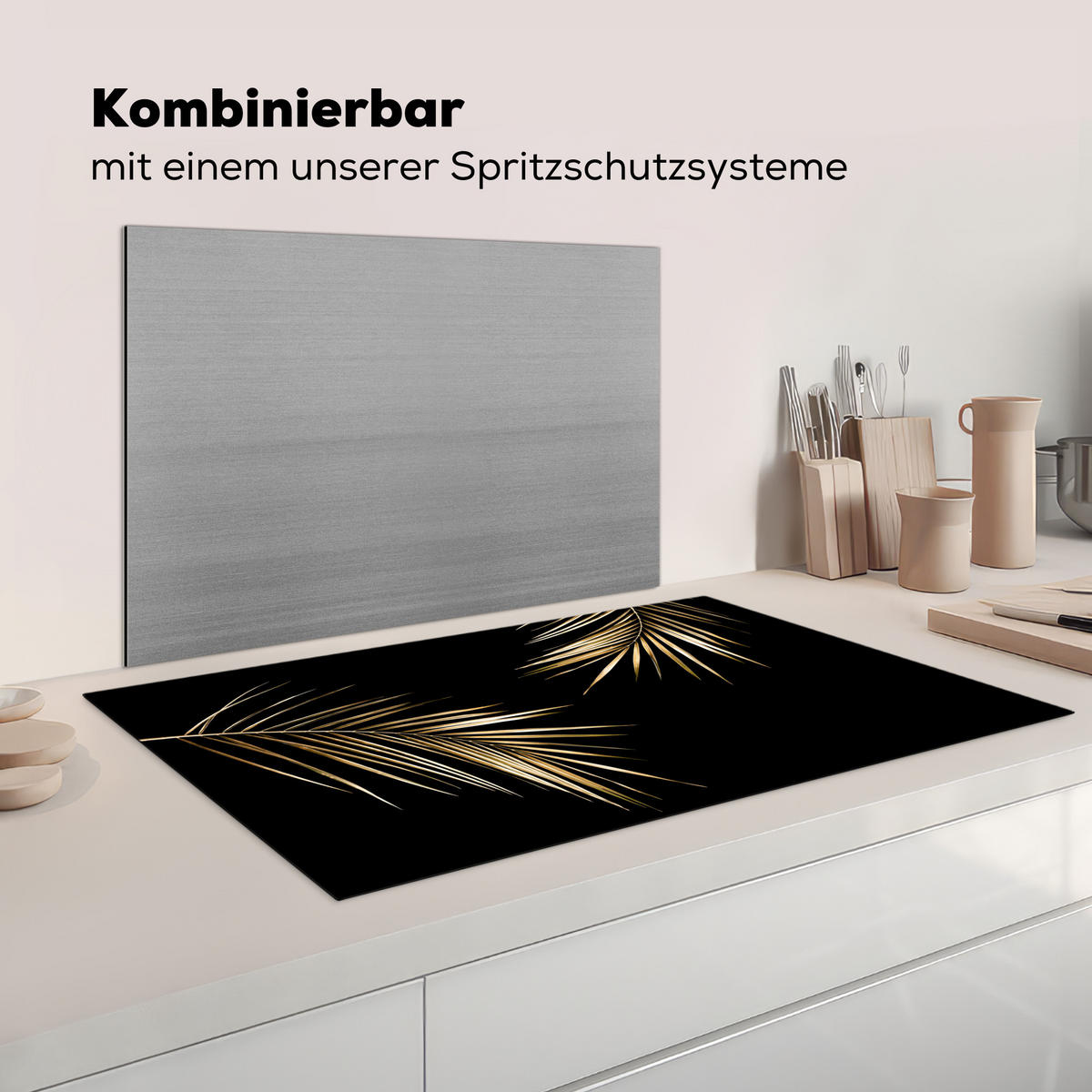 HERDABDECKPLATTE Blätter - Pflanzen - Gold - Schwarz - Luxus Ceranfeldabdeckung 90x52 cm - Goldfarben, Kunststoff (90/52/0.2cm) - MuchoWow