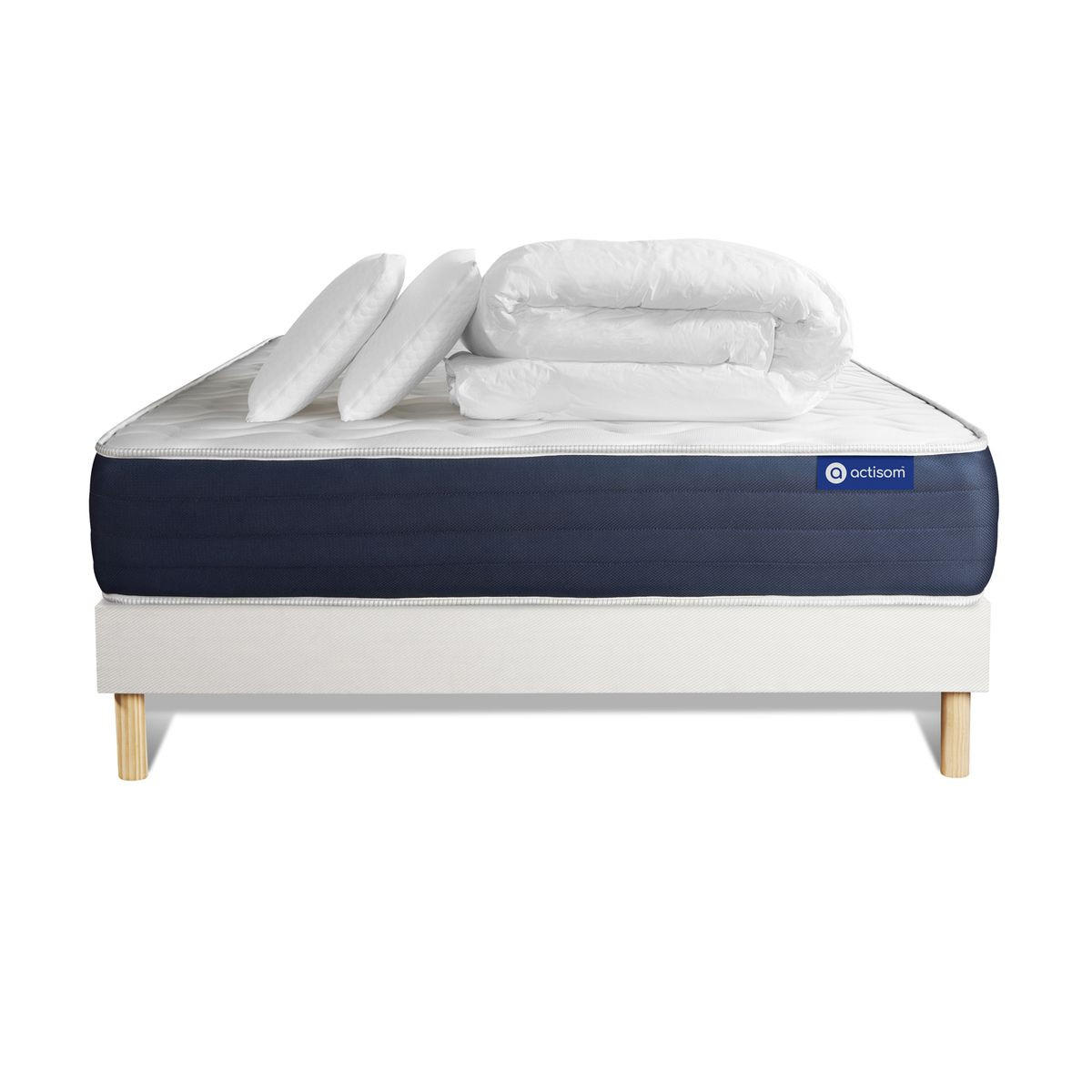 BETT Actiflex sleep Taschenfederkern und Memory-Schaum 200 x 200 cm h2 - Kit Bettgestell Weiß - Mit Kissen und Bettdecke - Beige/Weiß, Karton/Holz (200/200cm) - ACTISOM