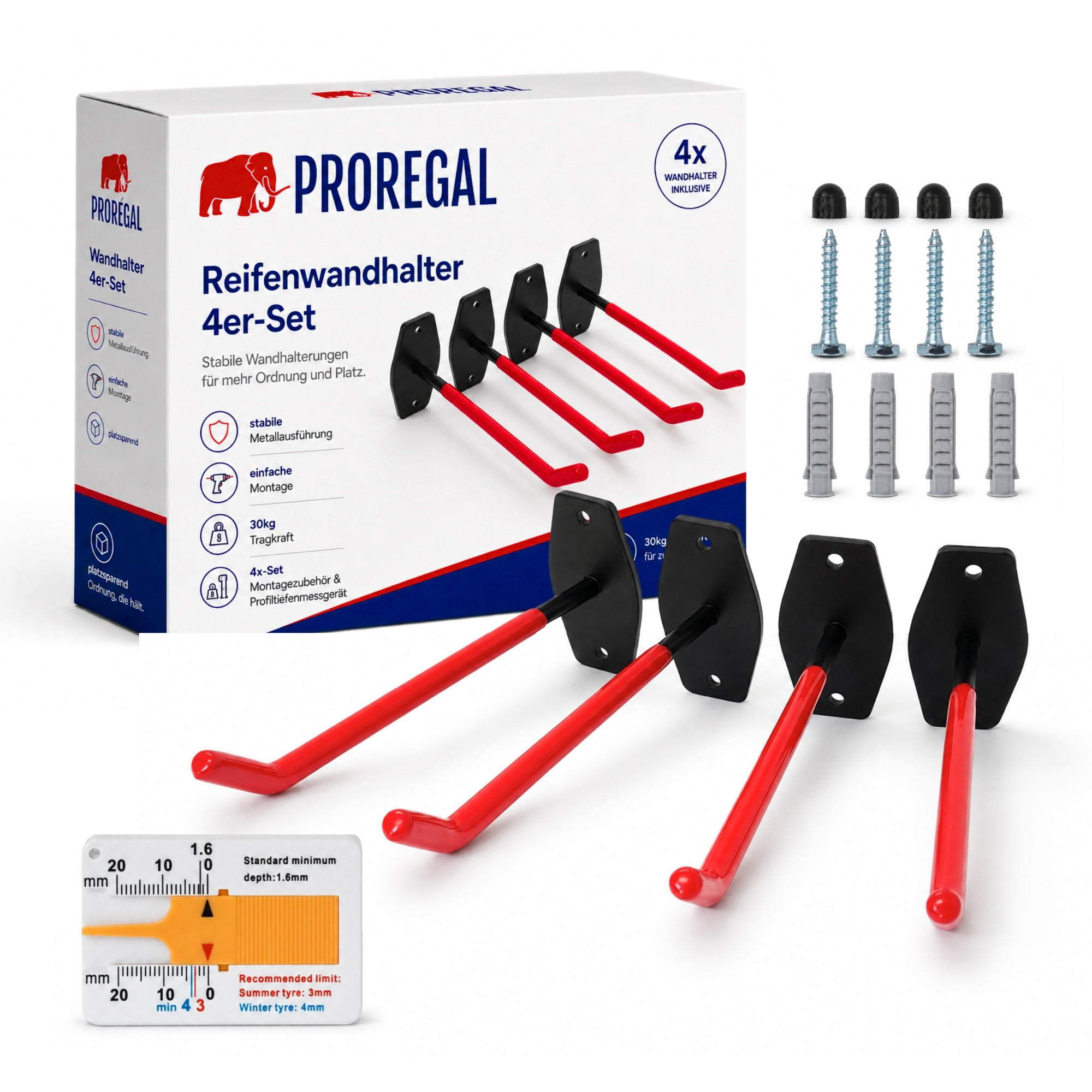 REIFENHALTER Wandhalterung PREX 4er Reifen Set HxBxT 9x5x25 cm Traglast 30 kg Rot Set für Garage Zum Anschrauben mit hoher Qualität - Rot, Metall (25/5/9cm) - PROREGAL