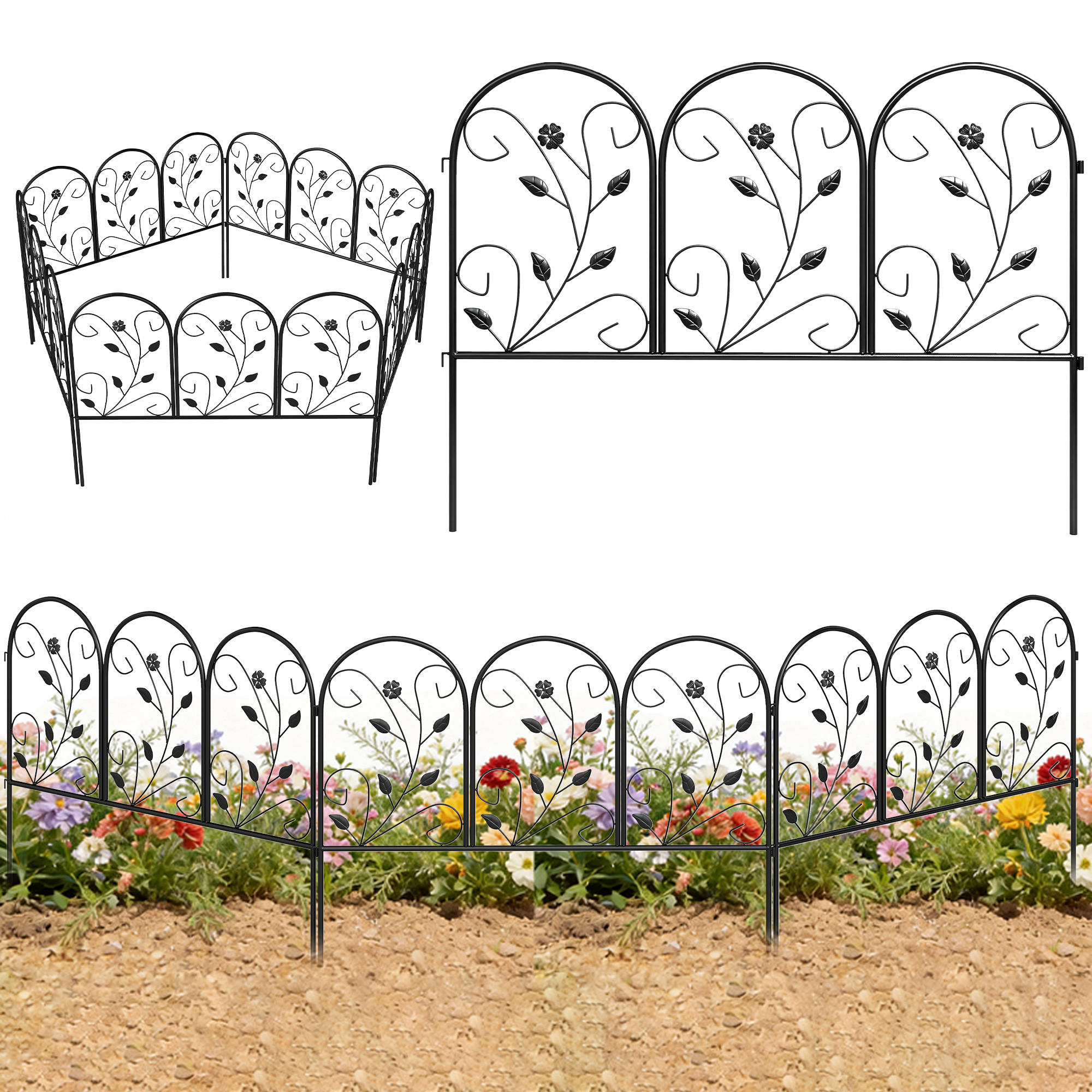 GARTENZAUN DE-18079 5-teilig mit Rankgitter Schwarz - Schwarz, Metall (1/60cm) - ComfortXL