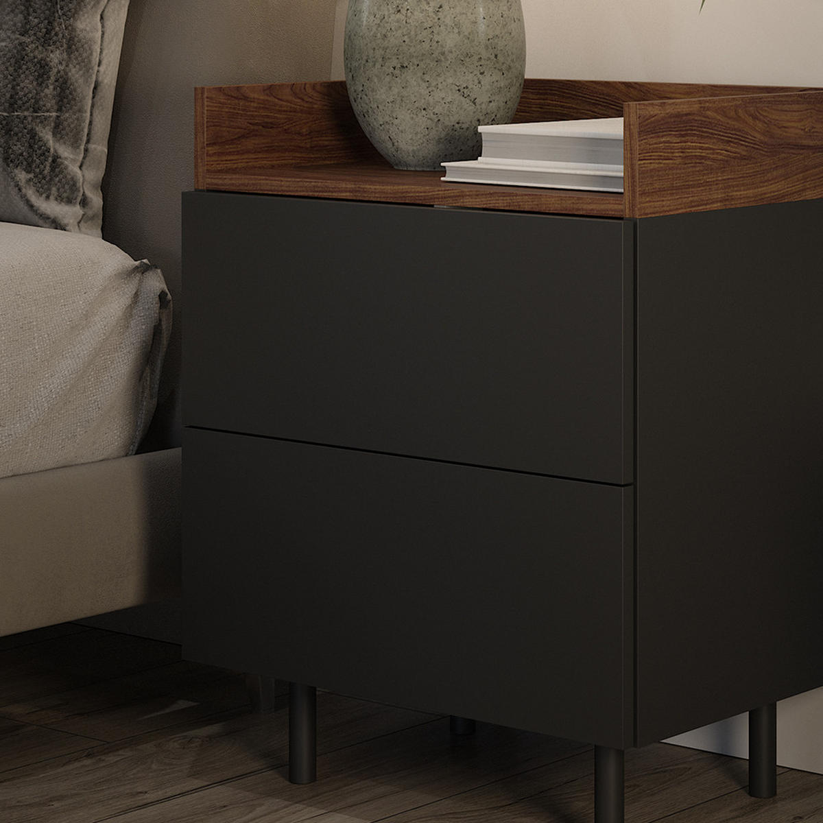 NACHTTISCH Anika Anthrazit 54 x 68 cm - Anthrazit/Walnussfarben, Holzwerkstoff (54/68/40cm) - Vicco
