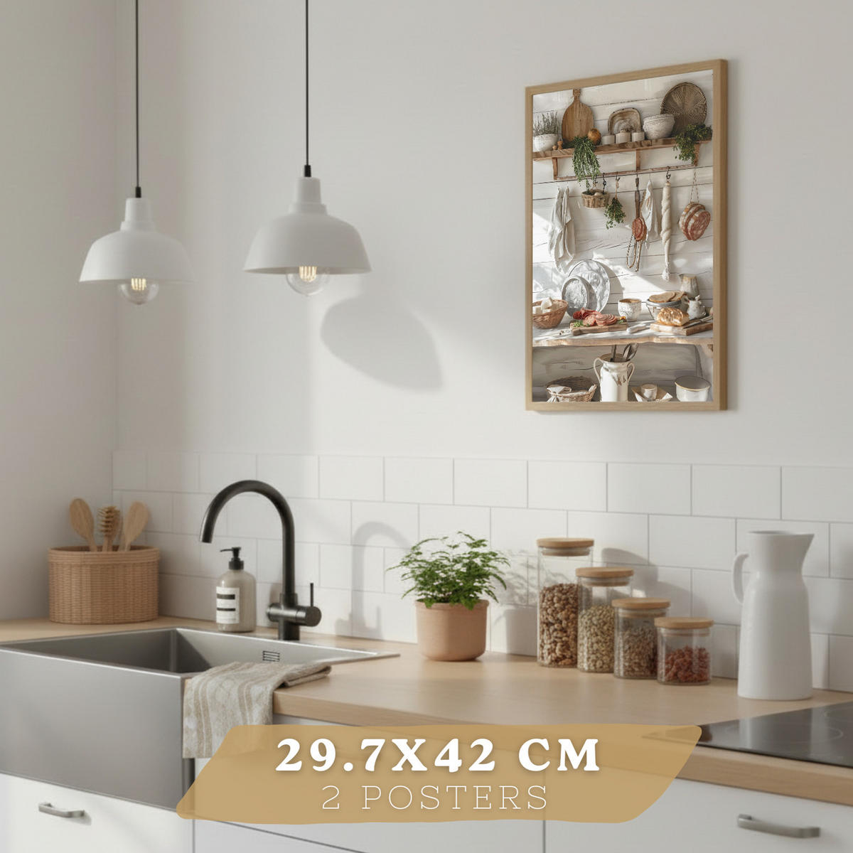 PLAKAT Sada 2 dekorativních kuchyňských prostěradel na stěně. Venkovský styl.Rám z lehkého dřeva velikosti A3 - béžová, papír (29.7/42/3cm)