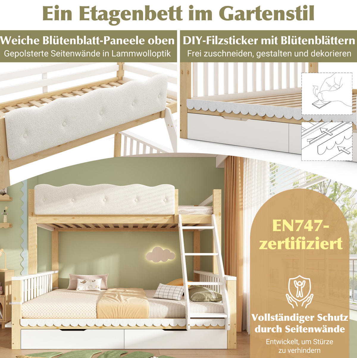 ETAGENBETT aus Kiefernholz, Spanplatte und Sperrholz 140x200 cm Weiß & Eiche mit Schubladen und Zeitschriftenständer - Eichefarben, Holz (140/200cm) - Modfu
