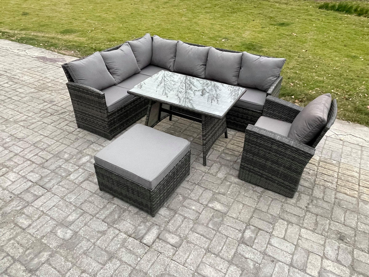 SITZGRUPPE mit Ecksofa,Fußhocker Polyrattan Dunkelgrau 8-Sitzer - Dunkelgrau/Grau, Glas/Kunststoff - Fimous