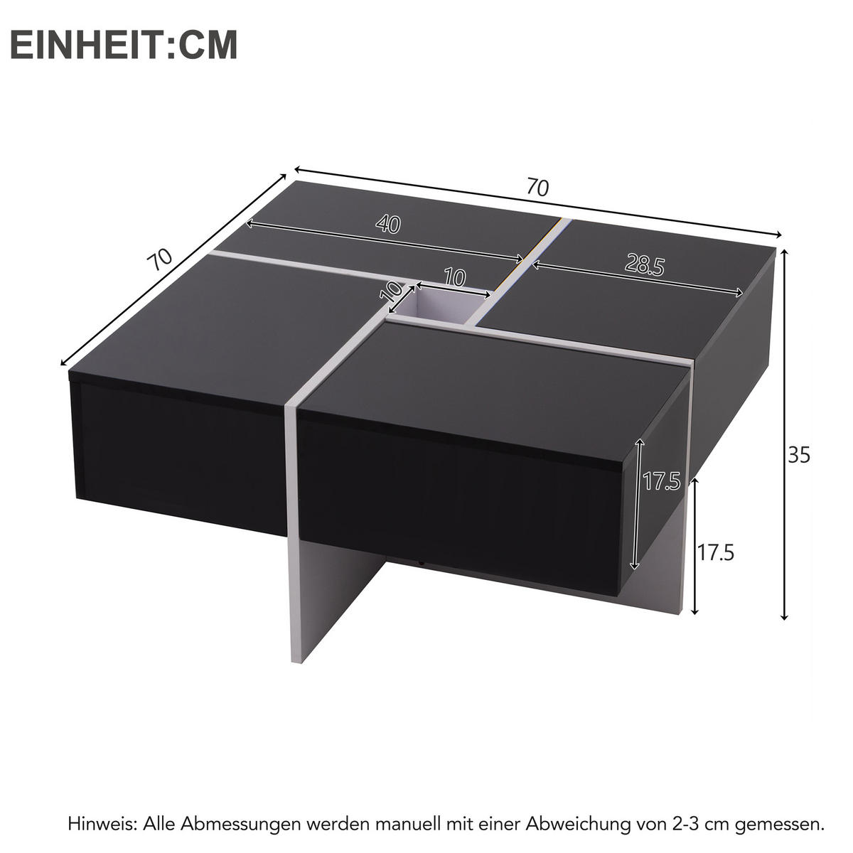 COUCHTISCH Hochglanz Oberfläche Schwarz Weiß mit 4 Schubladen und offenem Stauraum - Schwarz, Holzwerkstoff/Metall (70/70/35cm) - Urban Meuble