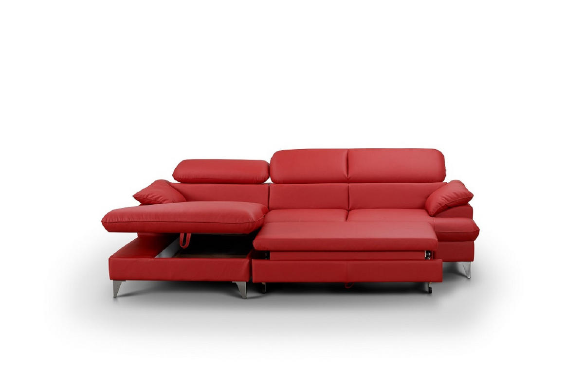 ECKSOFA mit Schlaffunktion und Bettkasten, verstellbare Kopfstützen - Chromfarben/Rot, Textil/Metall (254/167cm) - Cotta