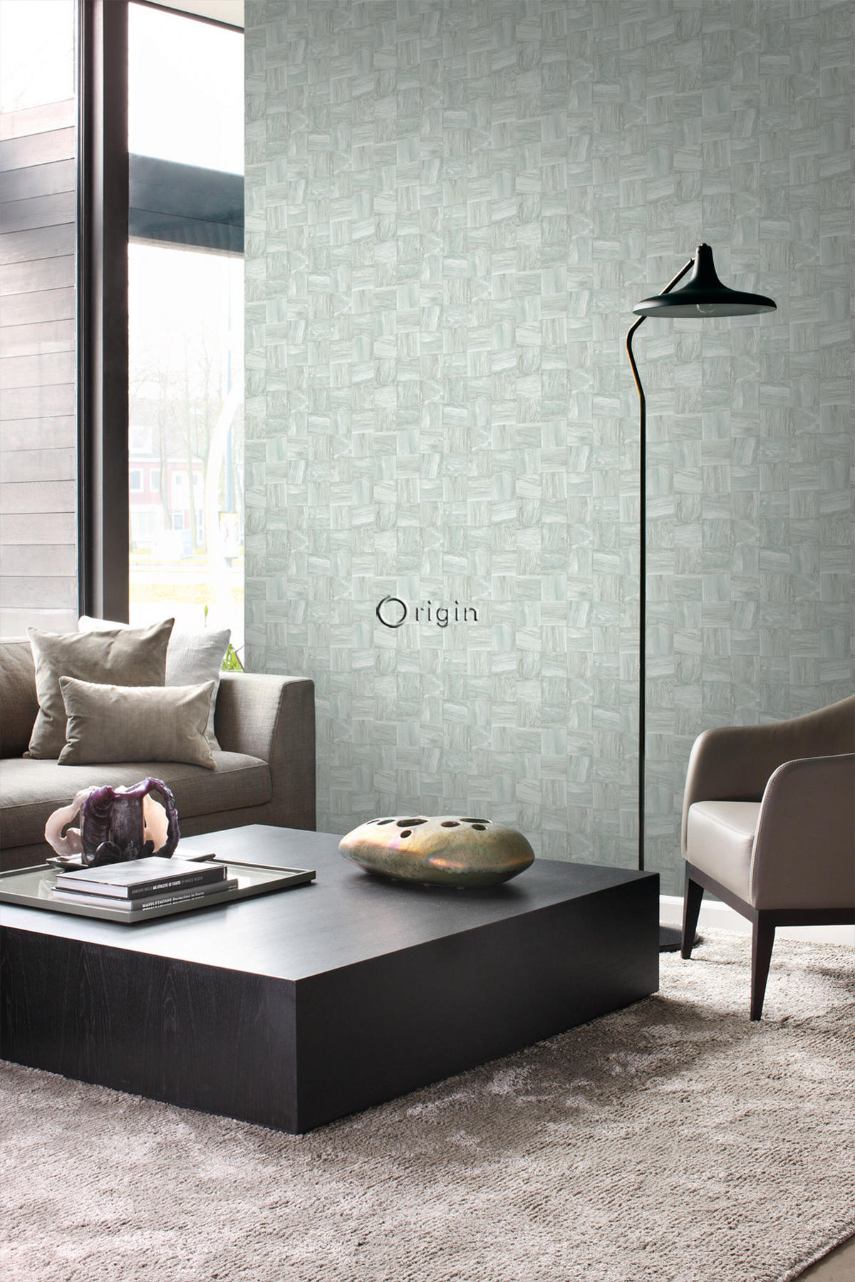 TAPETE quadratische Holzstücke 53 cm x 10.05 m - Türkis, Papier (53/1000cm) - Origin Wallcoverings