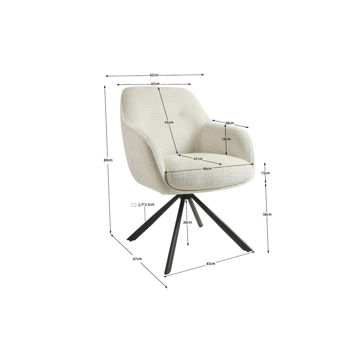 ESSZIMMERSTUHL AURA aus Metall und Stoff 67x62x89 (2er-Set) - Creme, Textil/Metall (62/89/67cm) - Elementi