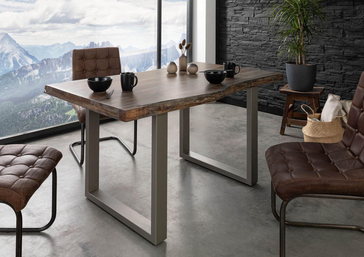 BAUMTISCH Akazie 140x90x77 grau lackiert / U-Beine silber matt FREEFORM 5 - Silberfarben/Grau, Holz (140/90/77cm) - Massivmoebel24