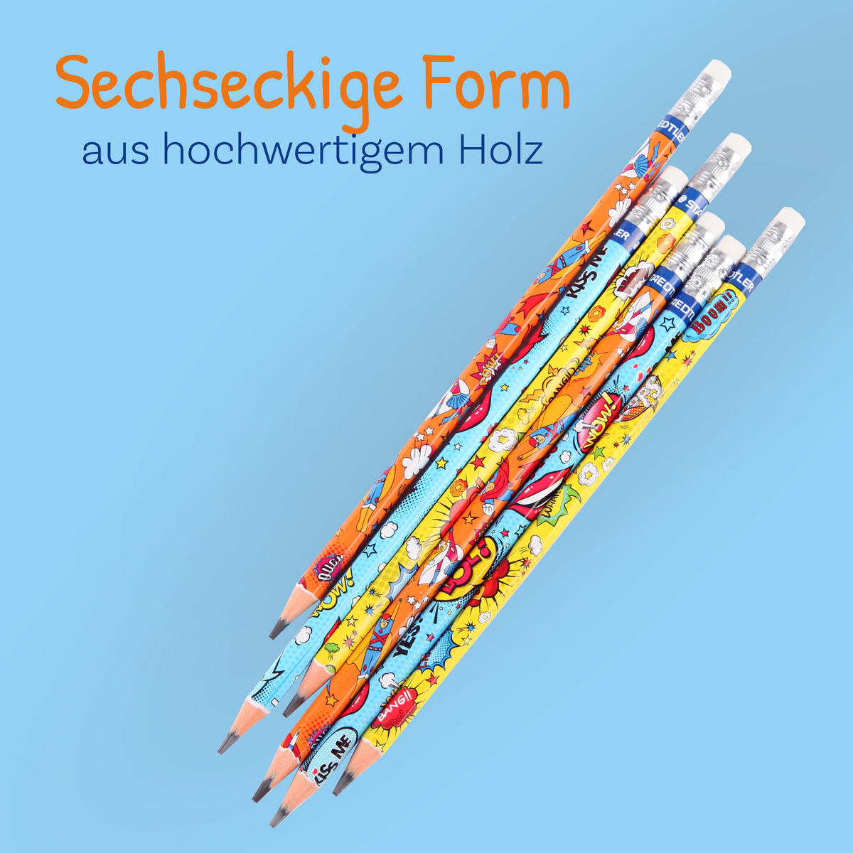 BLEISTIFTE mit Radiergummi Holz Comic 6er Set - Rot/Multicolor, Naturmaterialien (9/19cm) - Bestlivings