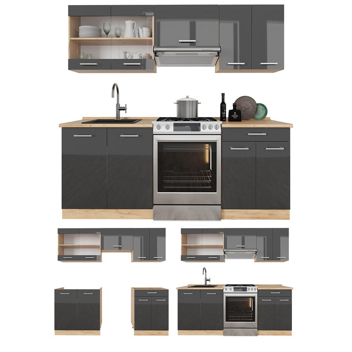 KÜCHENZEILE R-Line Anthrazit Hochglanz/Goldkraft Eiche 200 cm , AP Marmor - Honigeiche/Schwarz Hochglanz, Holzwerkstoff (200/81.6/60cm) - Vicco
