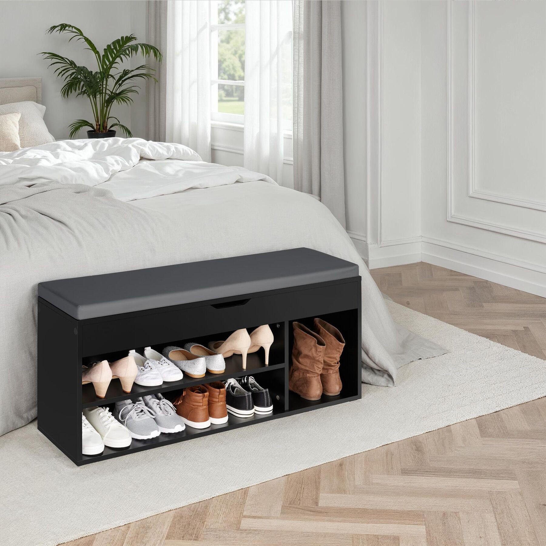 Thumbnail - tectake Schuhbank, Schwarz, Holz, Rechteckig, 30x49x104 cm, Garderobe, Garderobenbänke, Schuhbänke