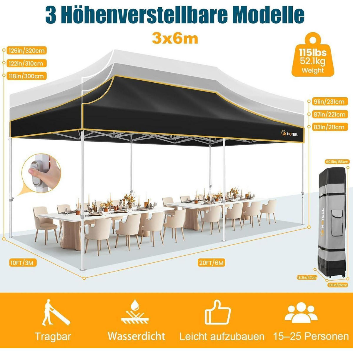 FALTPAVILLON 3x6m Schwarz Wasserdicht Stabil Winterfest Sechskant-Gestell 6 Seitenteile - Schwarz, Textil (300/320/600cm)