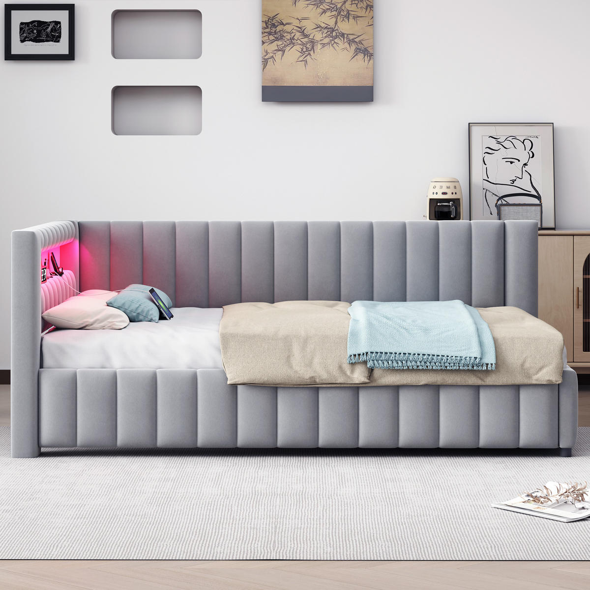 POLSTERBETT 140/200 cm DE-01924, in Grau, mit Sofafunktion, LED und USB - Grau, Holzwerkstoff (140/200cm) - ComfortXL