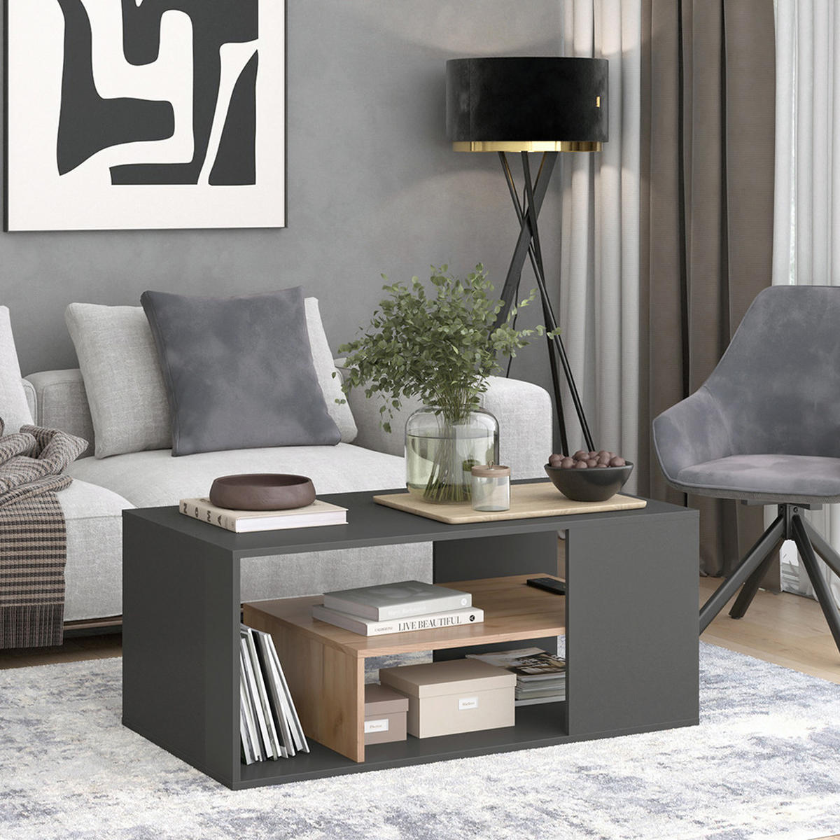 COUCHTISCH Edgar Anthrazit/Goldkraft Eiche 110 x 59 cm - Anthrazit/Eiche Wotan, Holzwerkstoff (59/110/47cm) - Vicco