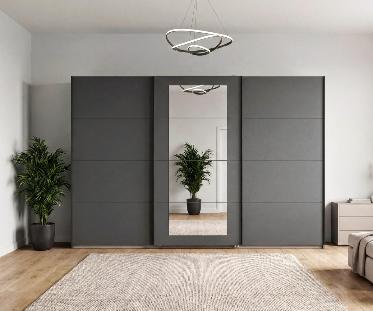SCHWEBETÜRENSCHRANK 3-türig B313/H208/64 cm Kleiderschrank in Grafit, mittig Spiegel, Griffe Schwarz / 22633 - Schwarz/Graphitfarben, Holzwerkstoff/Metall (313/208/64cm) - luma-home