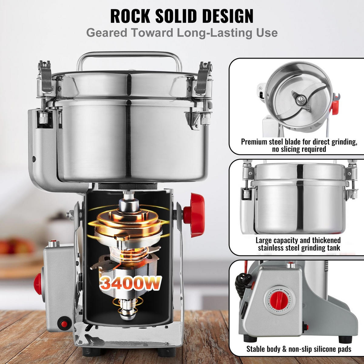 FLEISCHWOLF Elektrische Getreidemühle 2000g, 3400W, Edelstahl - Silberfarben, Metall (27/28.01/42.01cm) - Rolipo