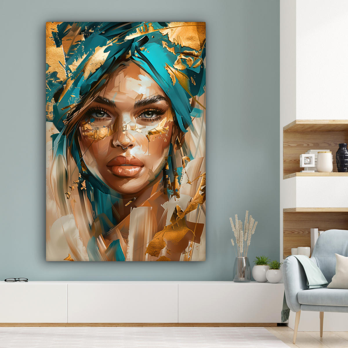 LEINWANDBILD Frau - Porträt - Gold - Luxus - Blau Deko Groß 90x140 cm - Türkis, Textil (90/140cm) - MuchoWow