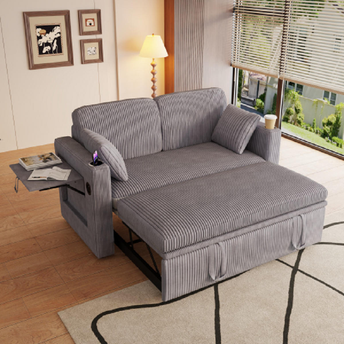 2-SITZER SCHLAFSOFA Cord Grau mit Bettkasten, USB und Type-C - Grau, Textil (145/85.5/132cm) - WISHDOR