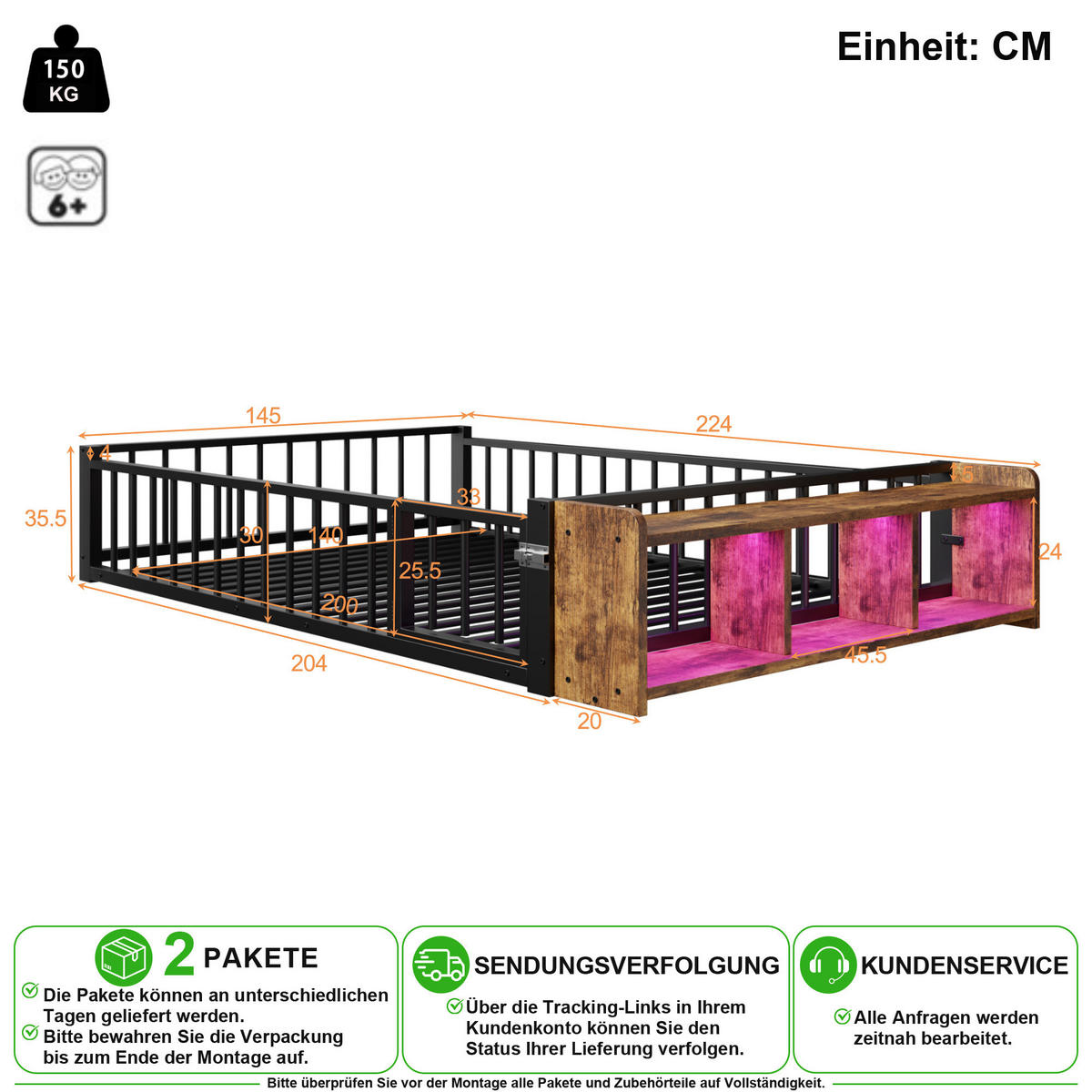 METALLBETT 140/200 cm in Schwarz mit Ablagefächern und Schutzgeländer - Schwarz, Holzwerkstoff/Metall (140/200cm) - CHICFURN