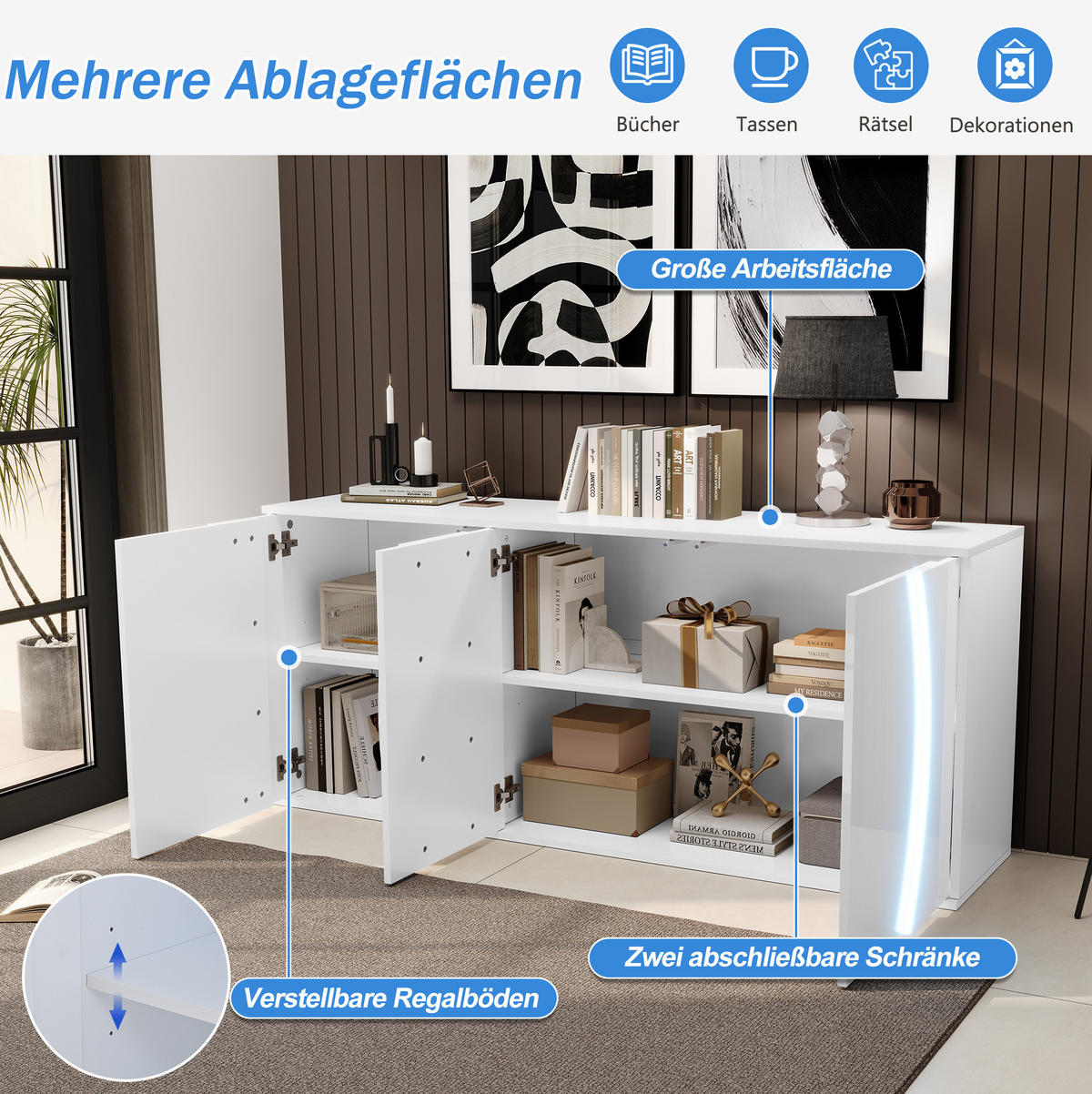 SIDEBOARD aus Spanplatte 150x40x70 cm Weiß mit LED-Beleuchtung und 3 Türen - Weiß, Holzwerkstoff (150/70/40cm) - IVMEU