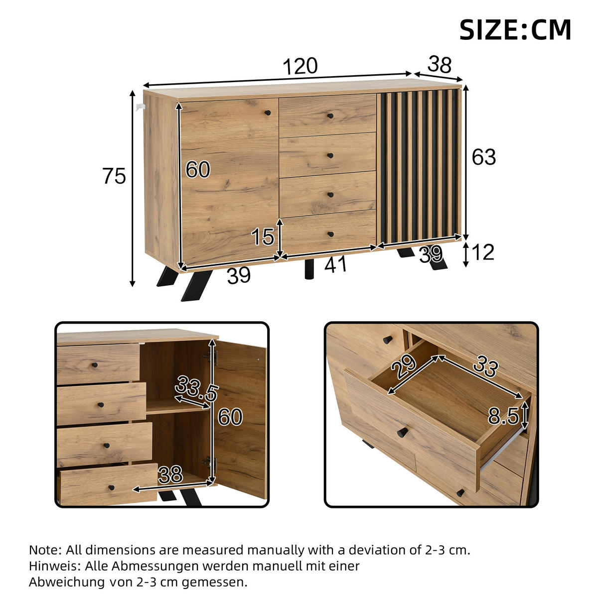 SIDEBOARD 120/38/75 cm Schwarz/Natur aus MDF mit 4 Schubladen und 2 Schränken - Schwarz, Holzwerkstoff (38/75/120cm) - OKMYHOME