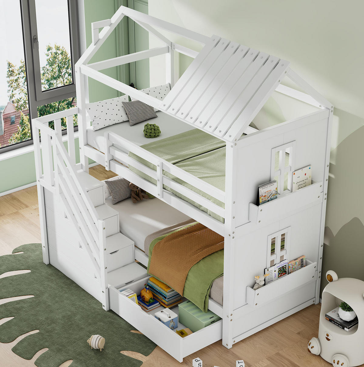 ETAGENBETT 90/200 cm mit Stauraumtreppe, Schubladen und Regalen, aus Kiefer/MDF, Weiß - Weiß, Holz (90/200cm) - Redom