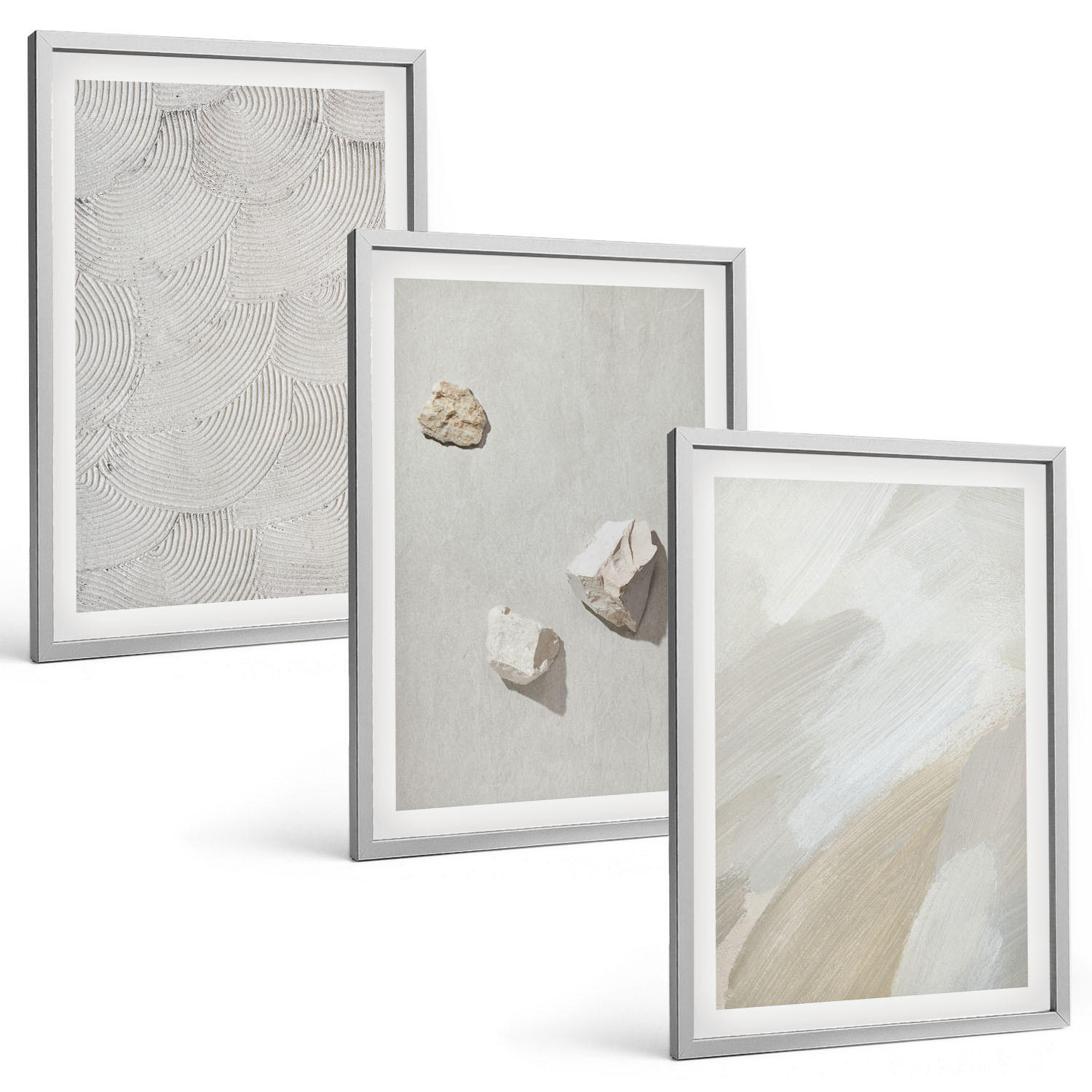 BILDER SET 3er Set - 40x60 cm Silberner Rahmen - Sandsteine moderne Farbe - Silberfarben, Kunststoff (40/60cm) - TULUP