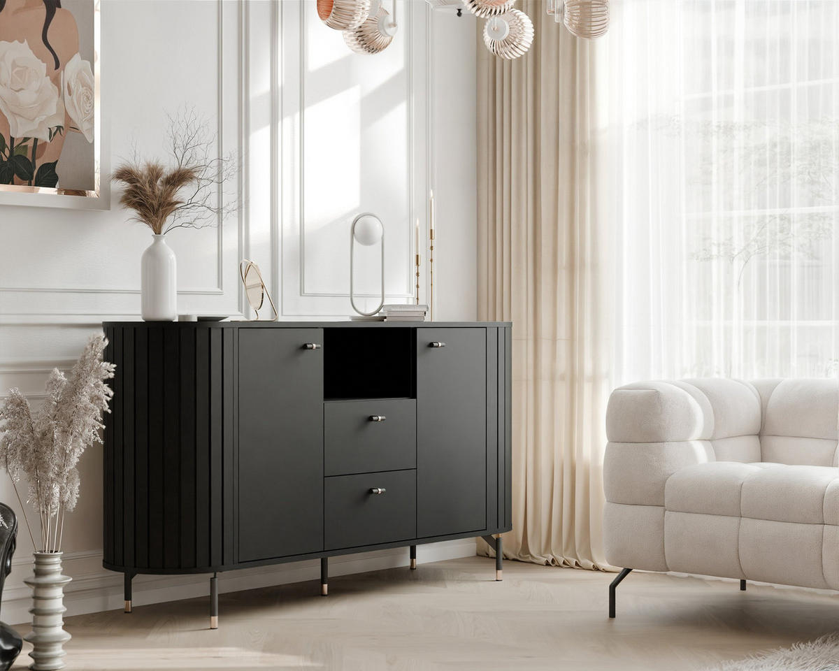KOMMODE geriffelt, mit Fach, Schwarz - Schwarz, Holzwerkstoff (190/81/40cm) - Idohome