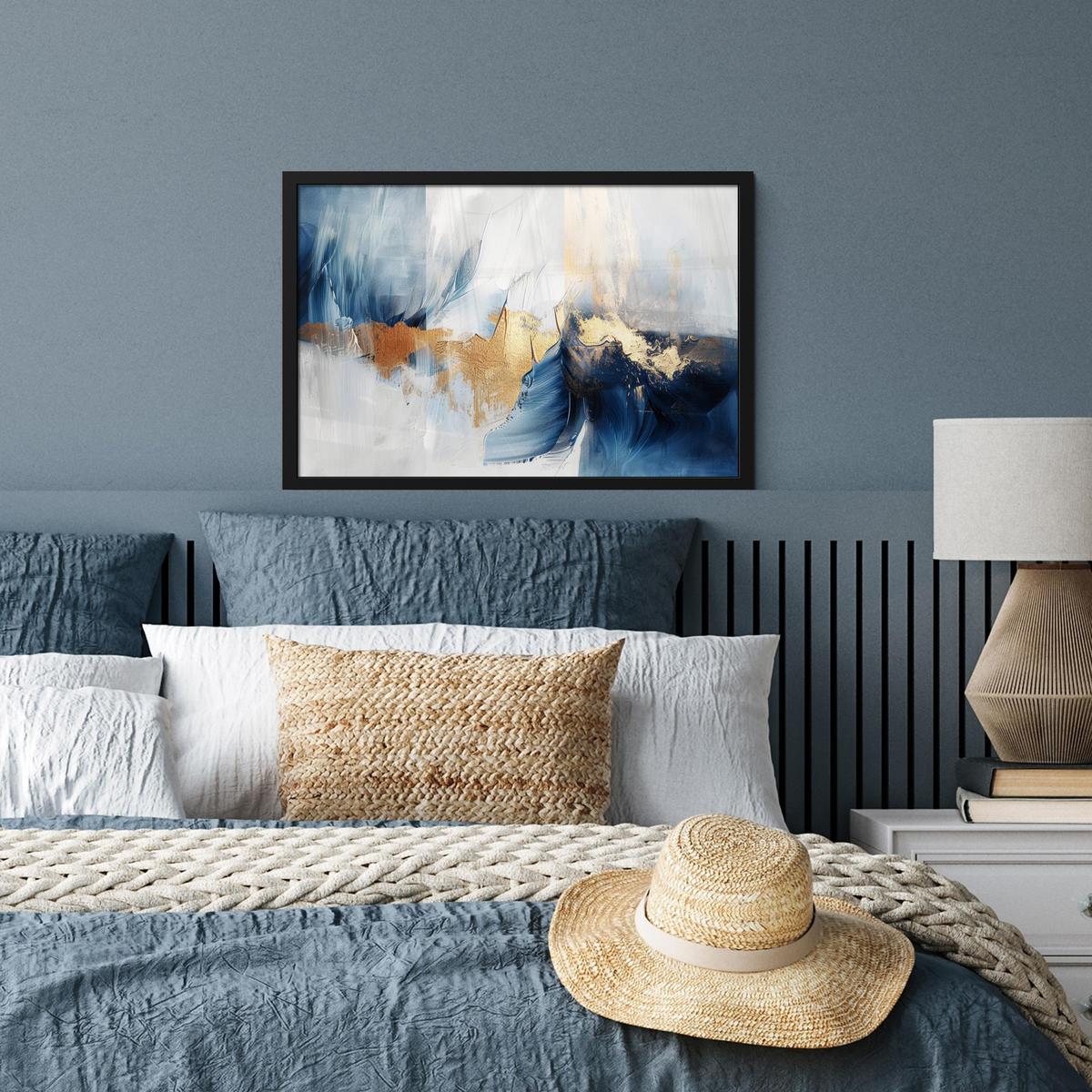 POSTER MIT RAHMEN Gold - Blau - Aquarell - Kunst - Modern 60x40 cm - Hellblau, Papier (60/40cm) - MuchoWow