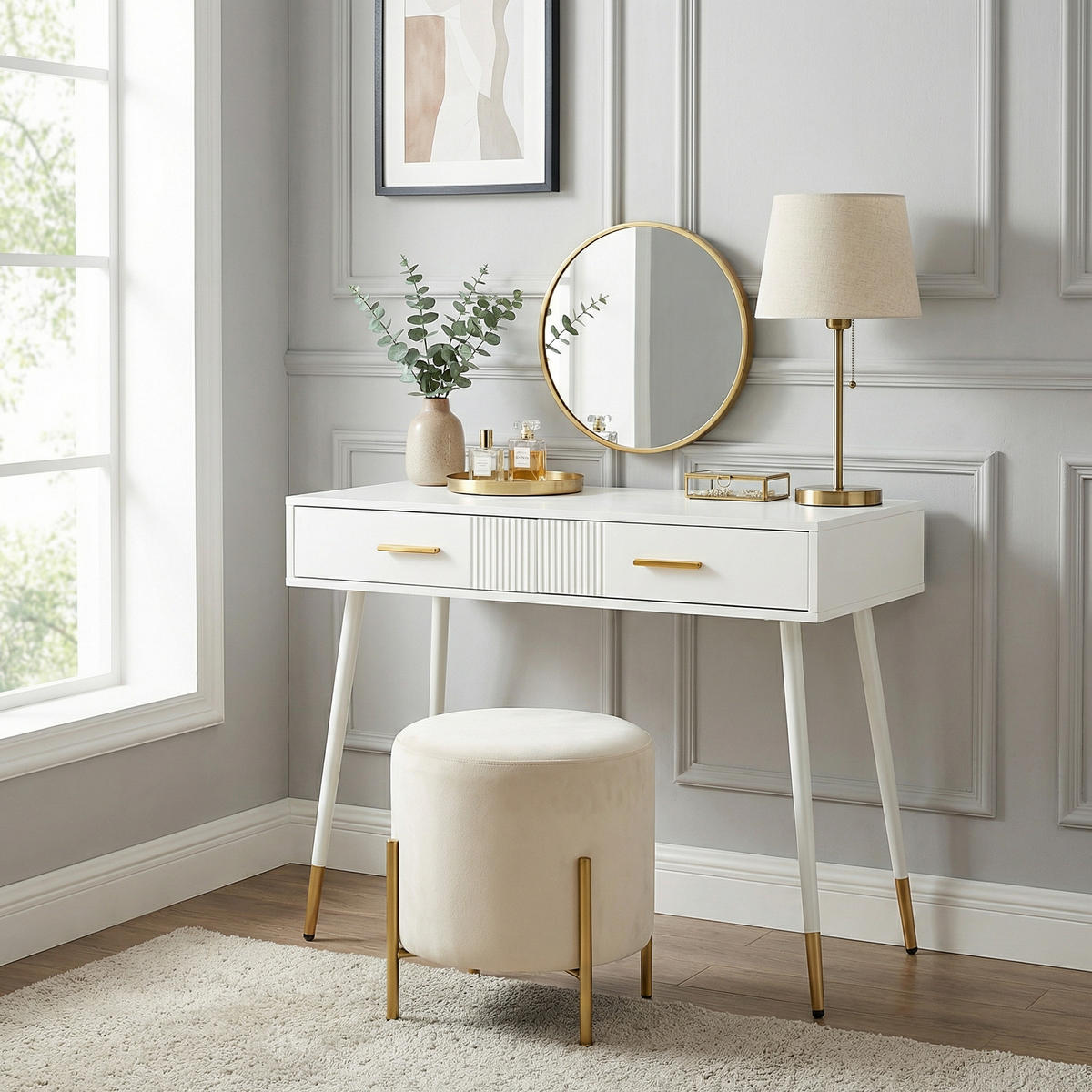 SCHMINKTISCH in Weiß mit goldenen Metallbeinen & 2 Schubladen - Weiß, Holzwerkstoff (100/76/40cm) - Urban Meuble