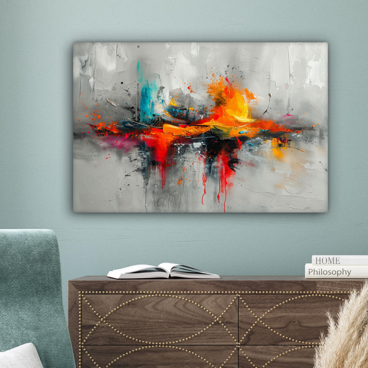 LEINWANDBILD Moderne Kunst - Orange - Grau - Abstrakt Gemälde 60x40 cm - Hellgrau, Textil (60/40cm) - MuchoWow