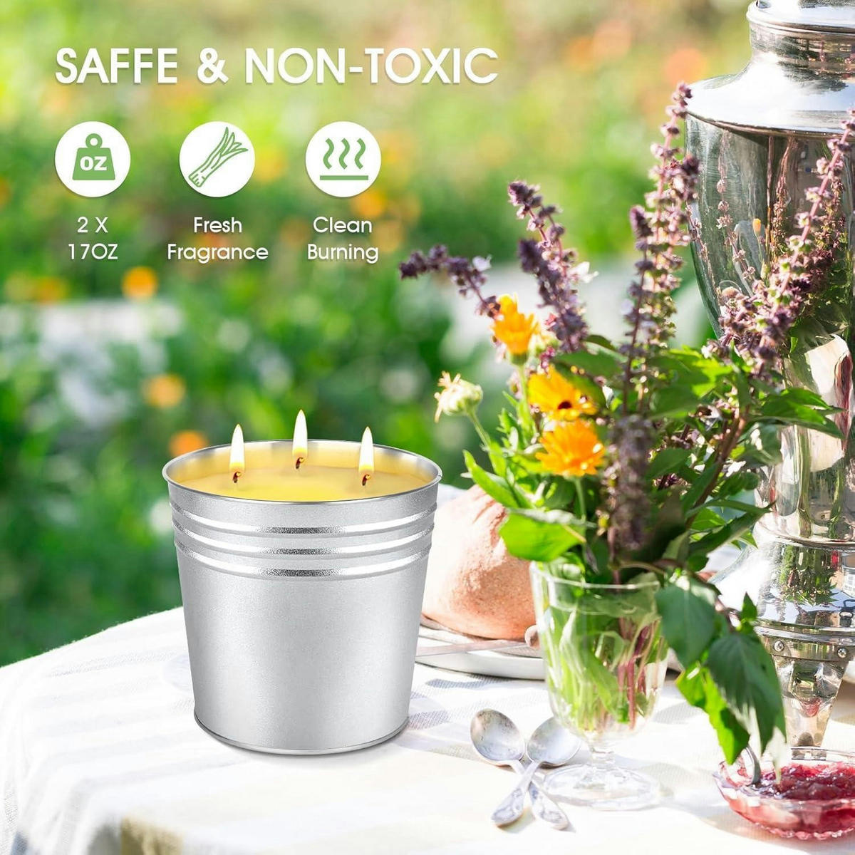 CITRONELLA Kerze 2er Set 17oz Sojawachs Duftkerze Outdoor - Silberfarben, Paraffin (20.3cm)